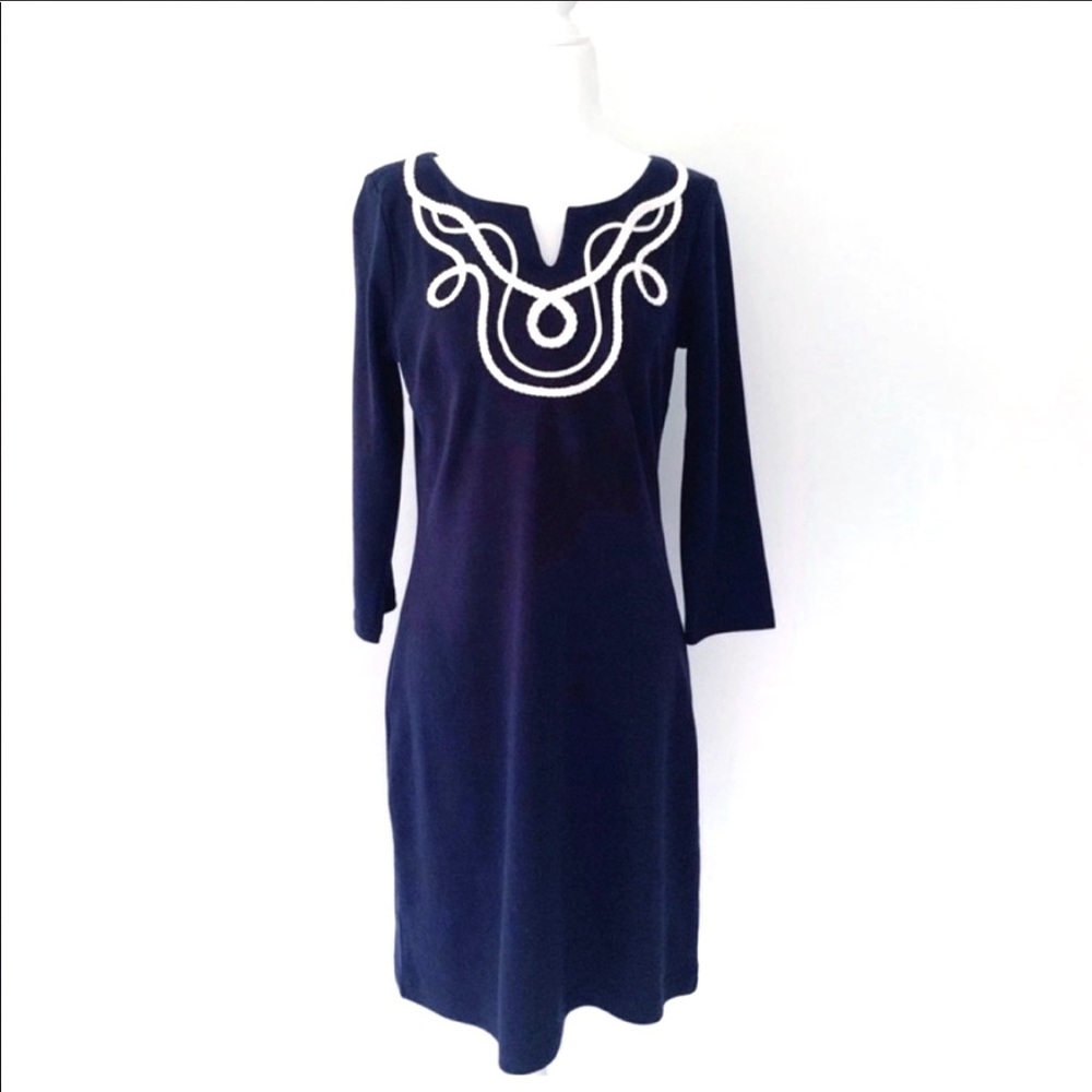 Talbots Embroidered Nautical Style Dress Navy & White